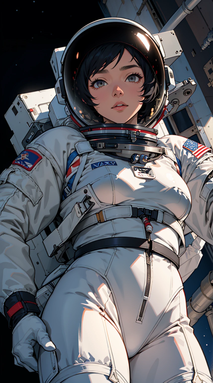 one girls , black  hair , Short Hair Hair , A view from below , big breastes , spacesuit , space station , 詳細な目 , detailed space suit , astronaut suit , astronaut helmet , in full height
