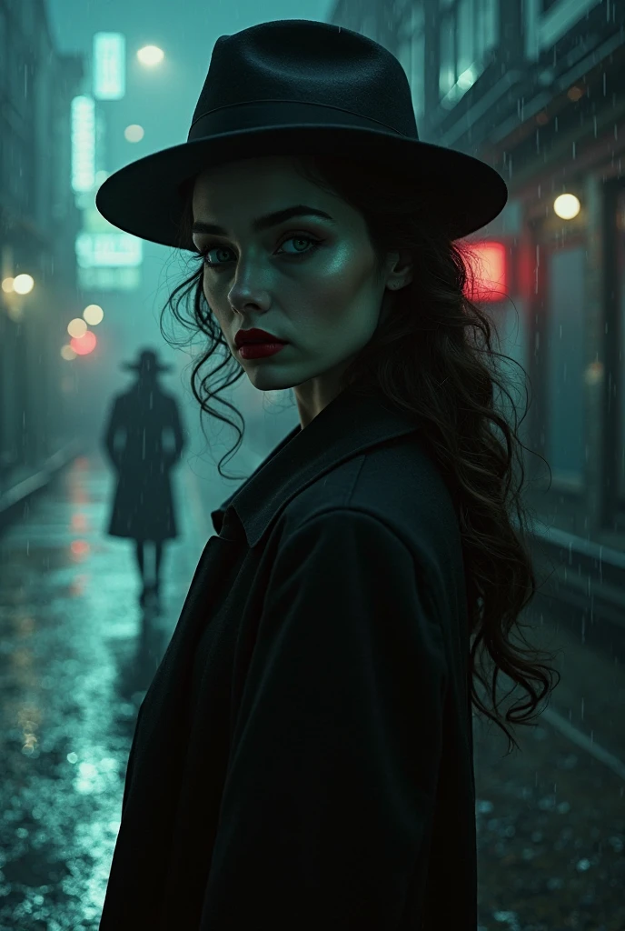 Film Noir Art Style: Aerial view of a rain-soaked 1940s cityscape at night, enveloped in deep shadows and mist. In the foreground, the femme fatale Evelyn (Physical Appearance: A striking woman in her late 20s with high cheekbones and a sharp jawline. Her pale skin contrasts starkly with her dark, piercing green eyes. Her lips are painted a deep crimson, set in a subtle smirk hinting at her dangerous allure.
Clothing: She wears a sleek, black, form-fitting dress reaching just below her knees, shimmering slightly under the dim city lights. A wide-brimmed hat is tilted elegantly, partially concealing her face in shadow, enhancing her enigmatic presence. Black high heels and tight-fitting satin gloves complete her attire.) is poised at the edge of a rooftop, ready to sprint. In the background, detective John (Physical Appearance: A rugged man in his mid-30s with a strong jawline and a five o'clock shadow. His piercing blue eyes exude unwavering determination. Weathered skin hints at a life spent on the streets.
Clothing: Dressed in a dark, double-breasted trench coat reaching his knees, flaring slightly as he moves. A classic black fedora with a tilted brim casts a shadow over his eyes. Worn leather gloves and polished, albeit scuffed, shoes complete his ensemble.) emerges from a doorway, eyes fixed on Evelyn. The city’s neon lights reflect off the wet rooftops, creating stark contrasts between light and shadow.