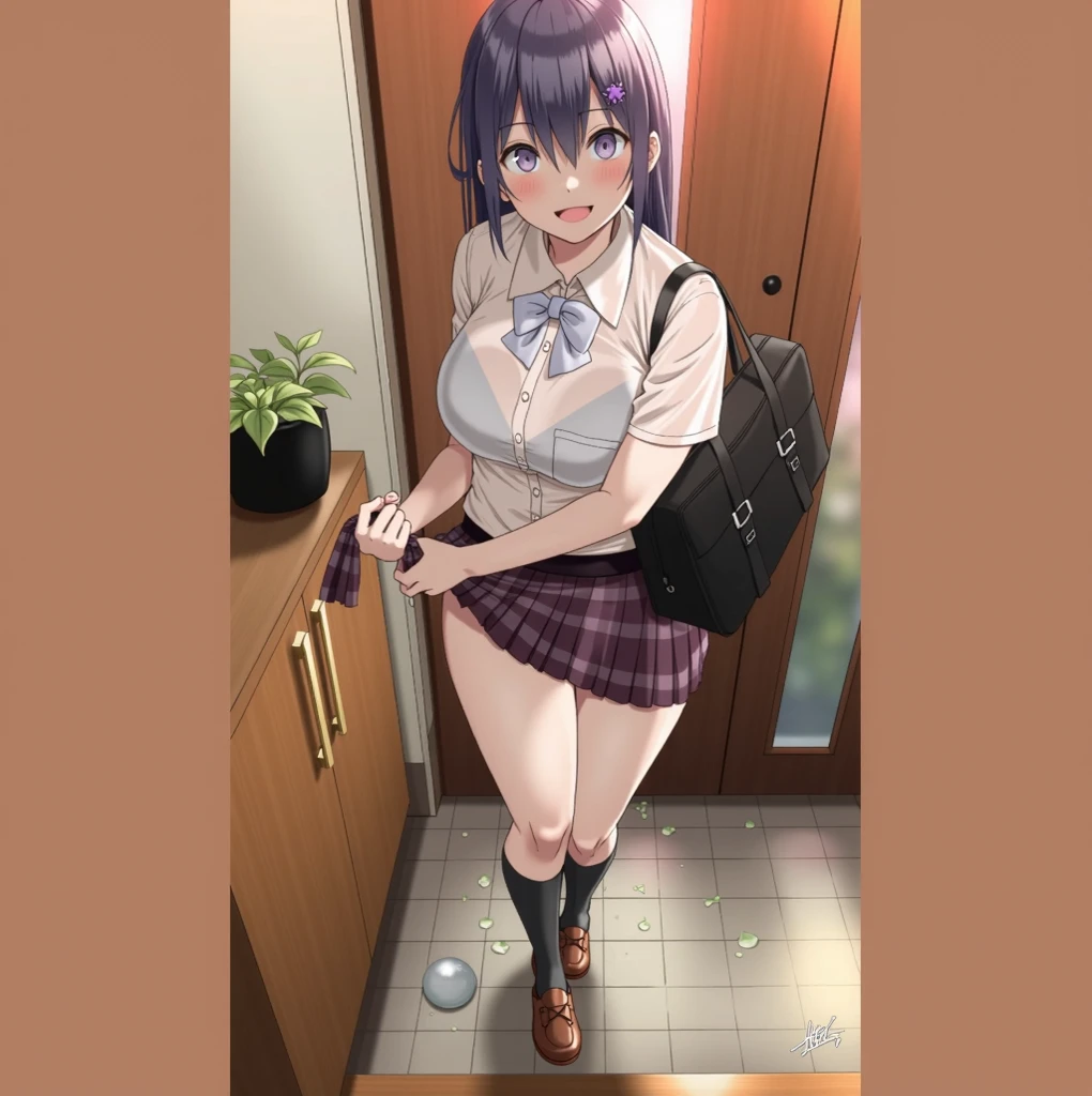 Ayane, 1 girl, smile, blush, classroom, 10 years old, primary school student, , , camisole, hot pants, Wearing a red Randoseru Backpack, (Randoseru Backpack:1.2), Put your hands on the desk,stick your butt out