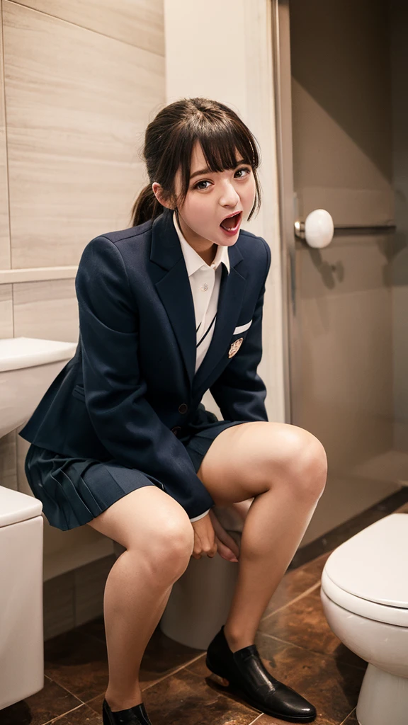 Beautiful Japanese woman,school uniform,sitting on toilet,in public toilet,peeing,nsfw,flustered,bashful,fullbody,Full body ,8k,Highest quality,brown hair,black public hair