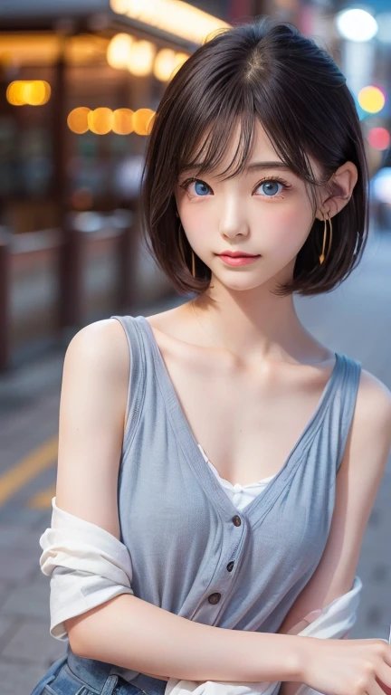 ((software: 1.4)), ((Detailed face, Professional photography)), ((software, Super Short Hair, side lock hair, blonde, big, Clear sky blue eyes, Earrings, 1 girl,very soft big breasts)), Ultra-high resolution, (Realistic: 1.4), RAW Photos, Highest quality, (PhotoRealistic Stick), concentrate, Soft Light, ((15 years old)), (( (Young Face))), (surface), (Written boundary depth), masterpiece, (Realistic), woman, bangs, ((1 girl))