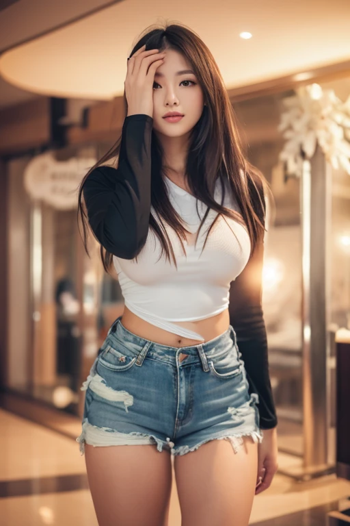 A sexy girl, wavy hair, eyeshadow, eyeliners, eyelash, double eyelid, blush on, braless, wearing casual white tight basic shirt with u-neck spandex short-sleeve and ripped short pants jeans, stilettos, high heels, seductive pose, night at downtown sidewalk, front view, standing on the floor, dynamic lighting, masterpiece, ultra detailed, movie scene, dramatic photo, perspective, vignette, cinematic