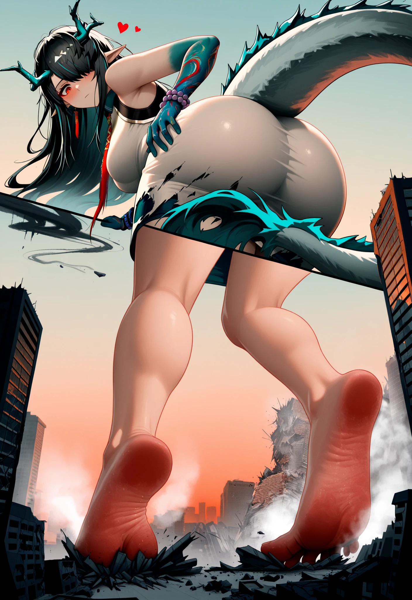 masterpiece、Highest quality、simple、beautiful、Anime illustration、Draw a woman in a big way、Completely naked、Large Breasts、Titty fuck、Giantess、Hall々Stand with、Hands on hips、giantess、Black Hair、Long Hair、Low - Angle、Destroyed small town、Destroyed Tokyo、City in Ruins、Smoke is rising、The fugitive々、Destructive illustration