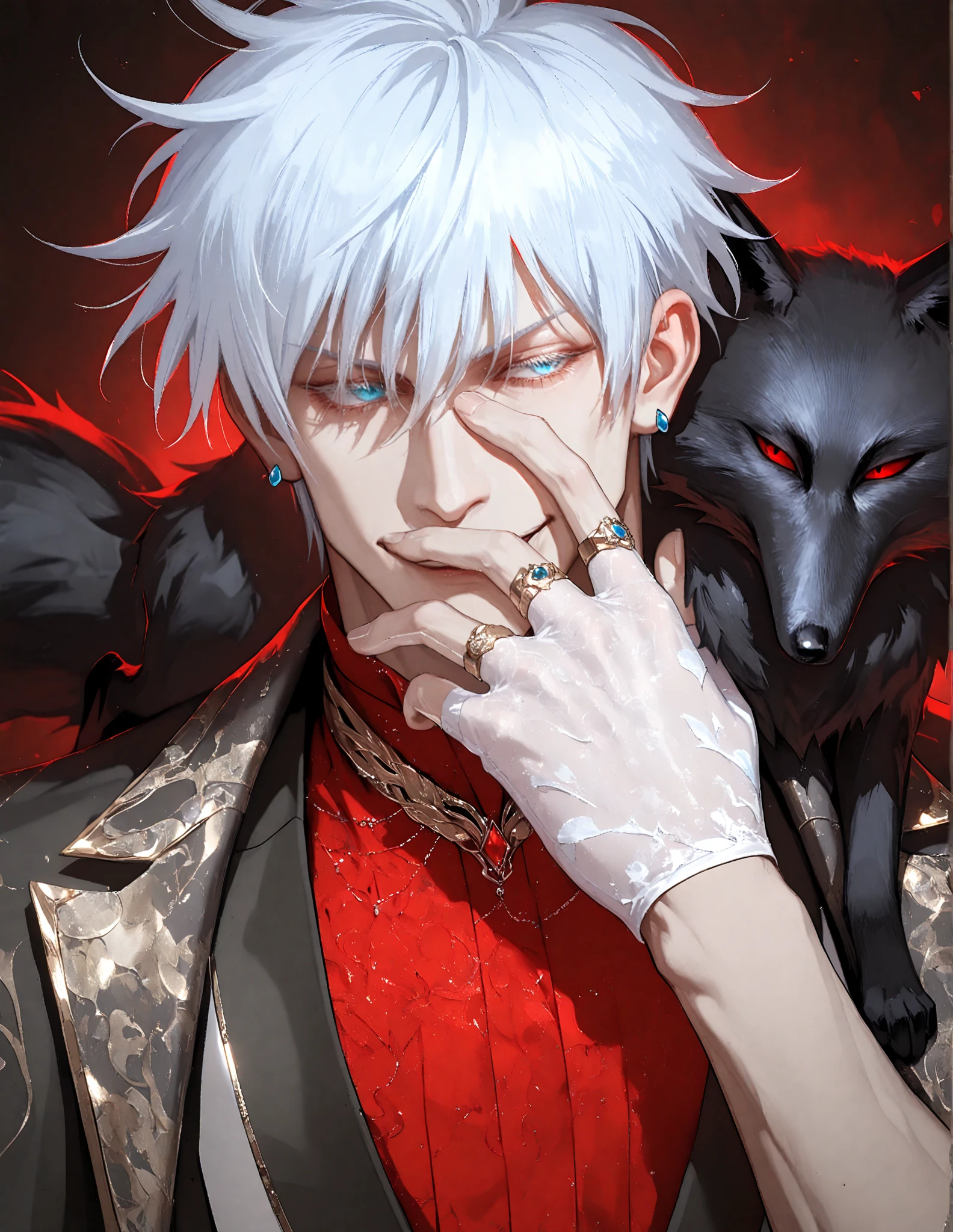 A 17-year-old boy with black and silver hair, a winter hat with long black rabbit ears, purple sunglasses, a black shirt with a pentagram in the center, black pants with chains around it, a silver necklace on the front. written with gold the word "SIGMA" un monstruo blanco con una gran sonrisa filosa sin ojos sin brazos sin piernas y que este flotando en el hombro del personaje