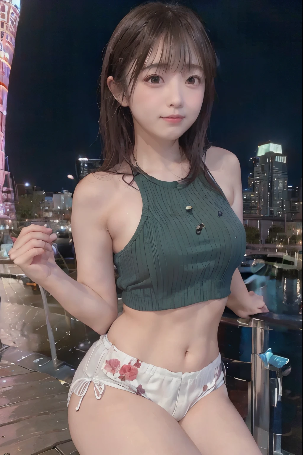 8k, raw photo, best quality, hires, realistic, photorealistic, extremely detailed 8k wallpaper, beautifully detailed eyes, finely detailed face,
 break 
cinematic lighting,
 break 
perfectly anatomically correct:1.2,
 break 
a vibrant scene unfolds on a waterfront with a collection of modern architecture set against a dramatic twilight,
(dominating the center is the iconic red kobe porttower which has cylindrical and lattice-like shape),
the tower is contrasting with the adjacent tall and rectangular orbi-themed building,
these structures adding depth to the cityscape are framed by other contemporary buildings that reflect a mixture of styles,
[the waterfront is lined with docks where boats are moored and suggesting a lively harbor area],
the water in the foreground ripples gently and mirroring the soft hues of the sky,
above the waterfront a tapestry of clouds are ranging from soft oranges to darker grays filters the sunlight and giving the impression of purple dusk,
the overall atmosphere blends the tranquility of the sea with the vibrant energy of urban life and is portraying a harmonious balance between nature and architecture,
 break 
it casting gentle shadows that enhance the scene's relaxed atmosphere,
1 female is sitting with knees up on a deck, opening legs,
we can see textured cameltoe:1.2,
kawaii like an idol with short ponytail hair,
cute natural anime face,
skindentation,
in yellow-green tight hot pants,
beautiful ideal spherical shape medium soft buttocks emphasize her confident pose and add to the boldness of her outfit,
symmetrical clear eyes, chocolate color eyes with captivating reflections,
round face, wide-set eyes, tareme, moderate eye bags, chiseled face, white skinned, melancholy, [embarrassed, blush],
bewitching smile,
[it accentuating the contrast between the softness of her clothing and the texture],
 break 
low angle shot:1.2,
bokeh
