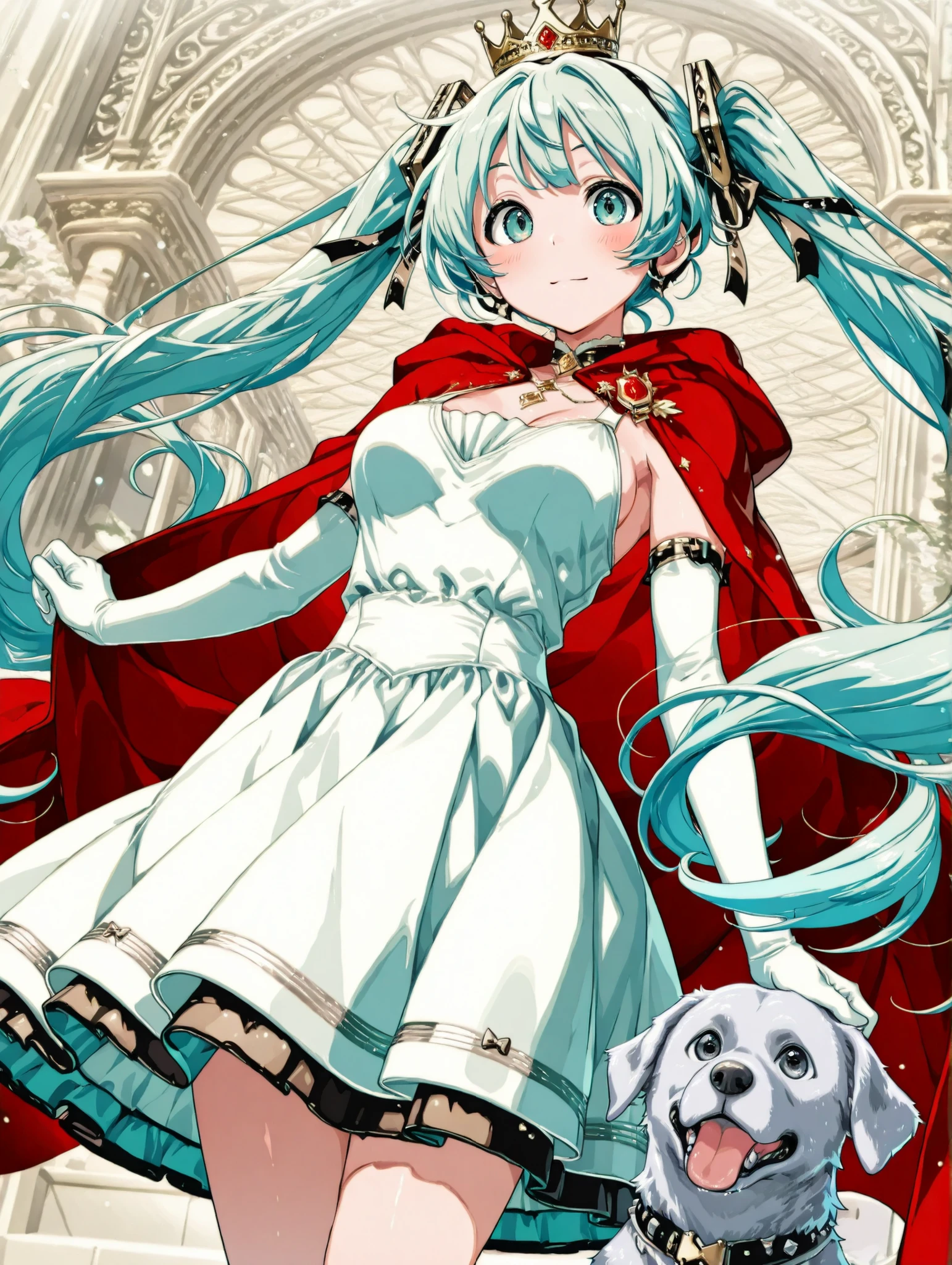 (masterpiece、Highest Quality、Highest Quality、Official Art、beautiful and beautiful:1.2)、[Hatsune Miku（beautiful breasts、Light Green Twin Tails、wears a crown、Elegant dress）]、A girl is holding a dog、[silver dog（wearing a crown、wearing a red cloak）]