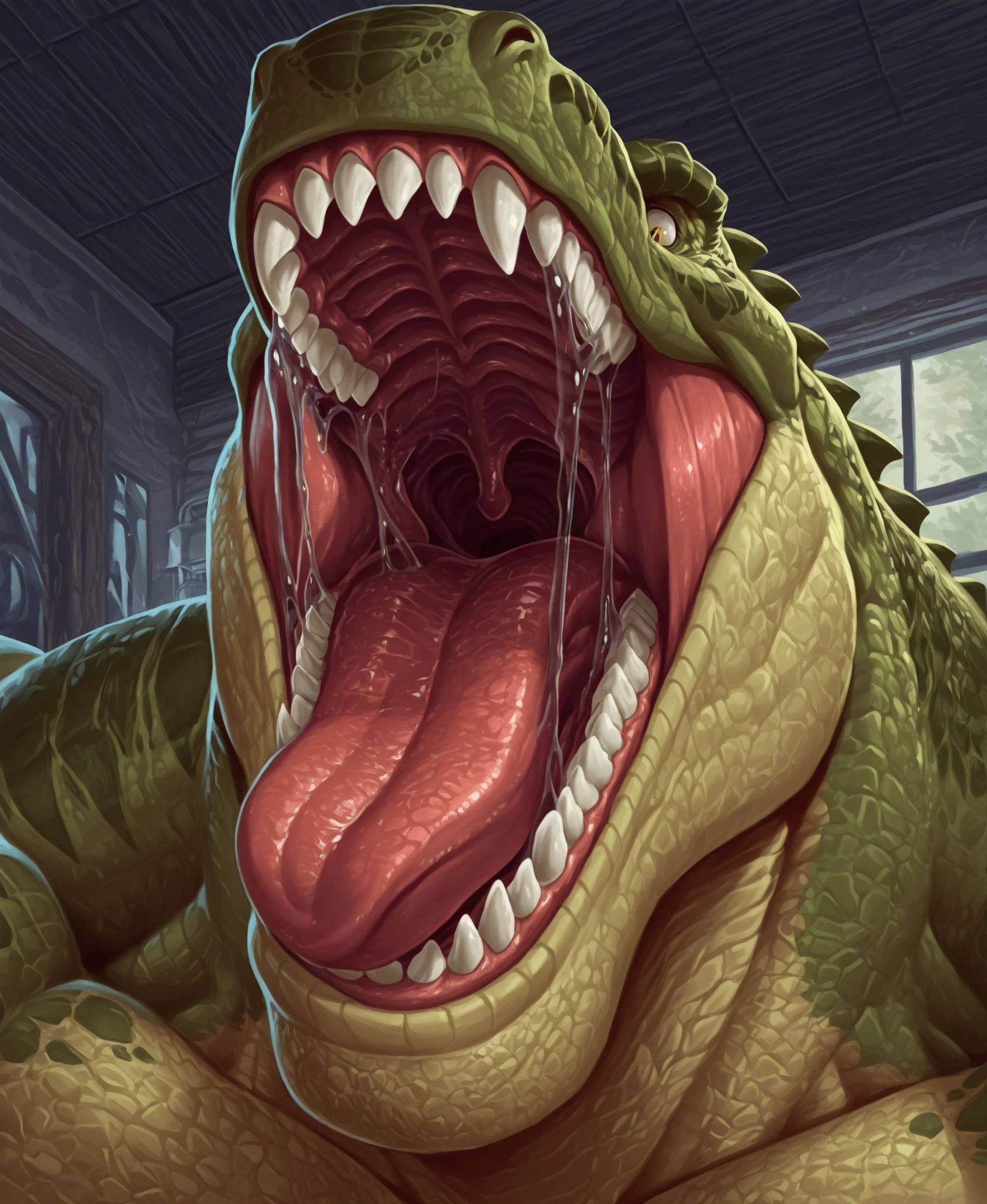 big muscular trex and sexy human woman, anthro, cudding, french kiss, tongue touching, hi res, detailed body parts, detailed face, detailed teeth, eyes closed, detailed nose, , detailed tongue, saliva, steam