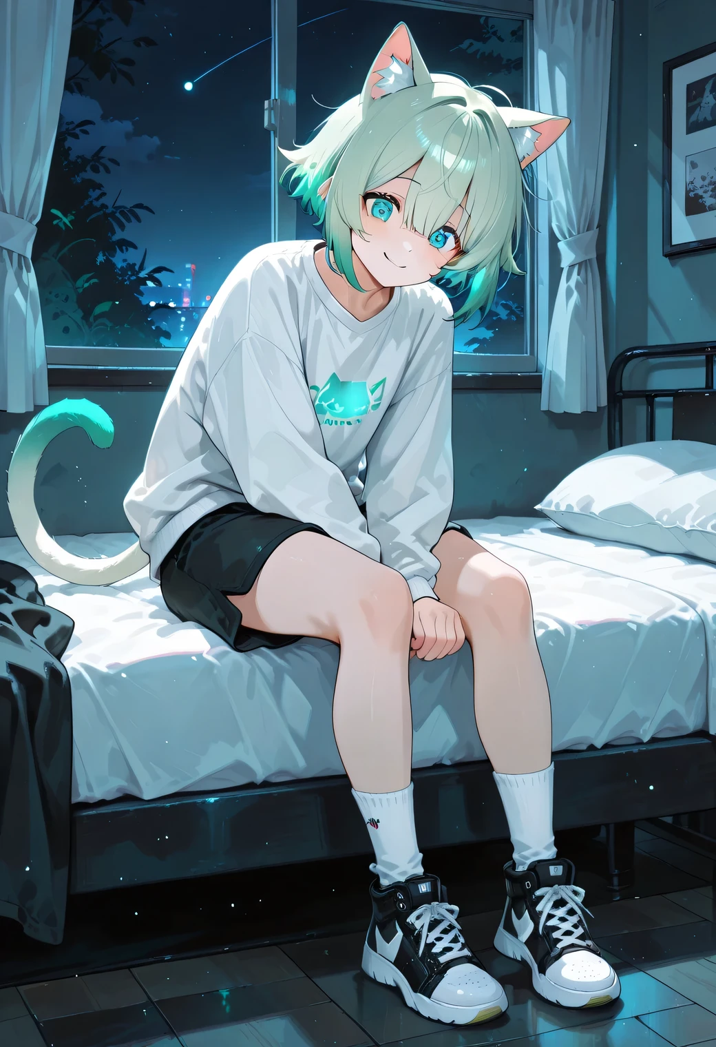 Cat ears,with a nervous expression,green hair,blue pupil,boy,white sweatshirt, shorts, white socks,black sneakers with left foot,Smile,In the bedroom,night