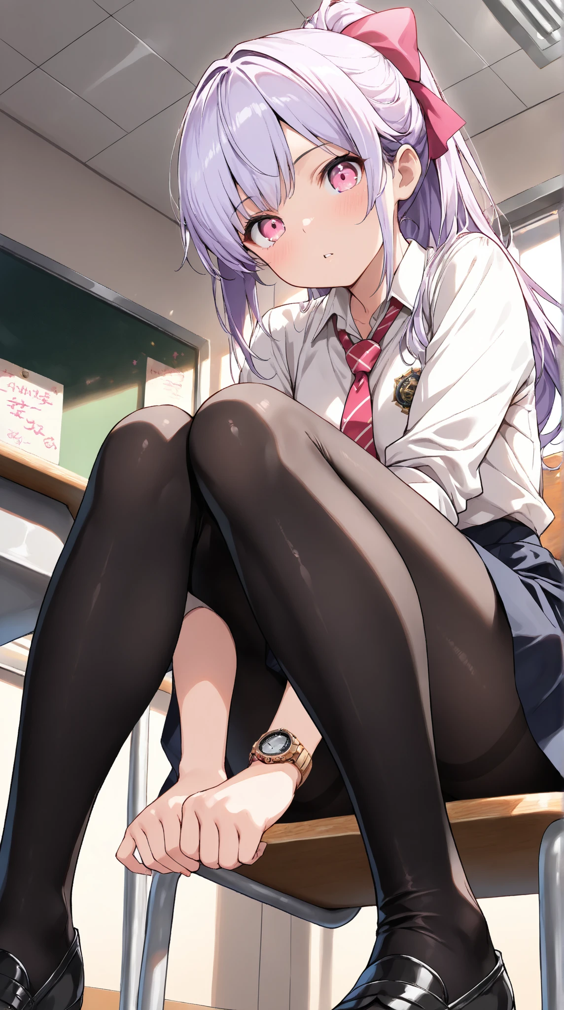 1girl, solo, long hair, breasts, looking at viewer, blush, smile, bangs, large breasts, shirt, long sleeves, holding, cleavage, sitting, closed mouth, purple eyes, jacket, full body, white shirt, purple hair, thighs, necktie, shorts, barefoot, collared shirt, indoors, feet, legs, book, bare legs, window, thigh strap, toes, soles, sunglasses, plant, couch, eyewear on head, holding book