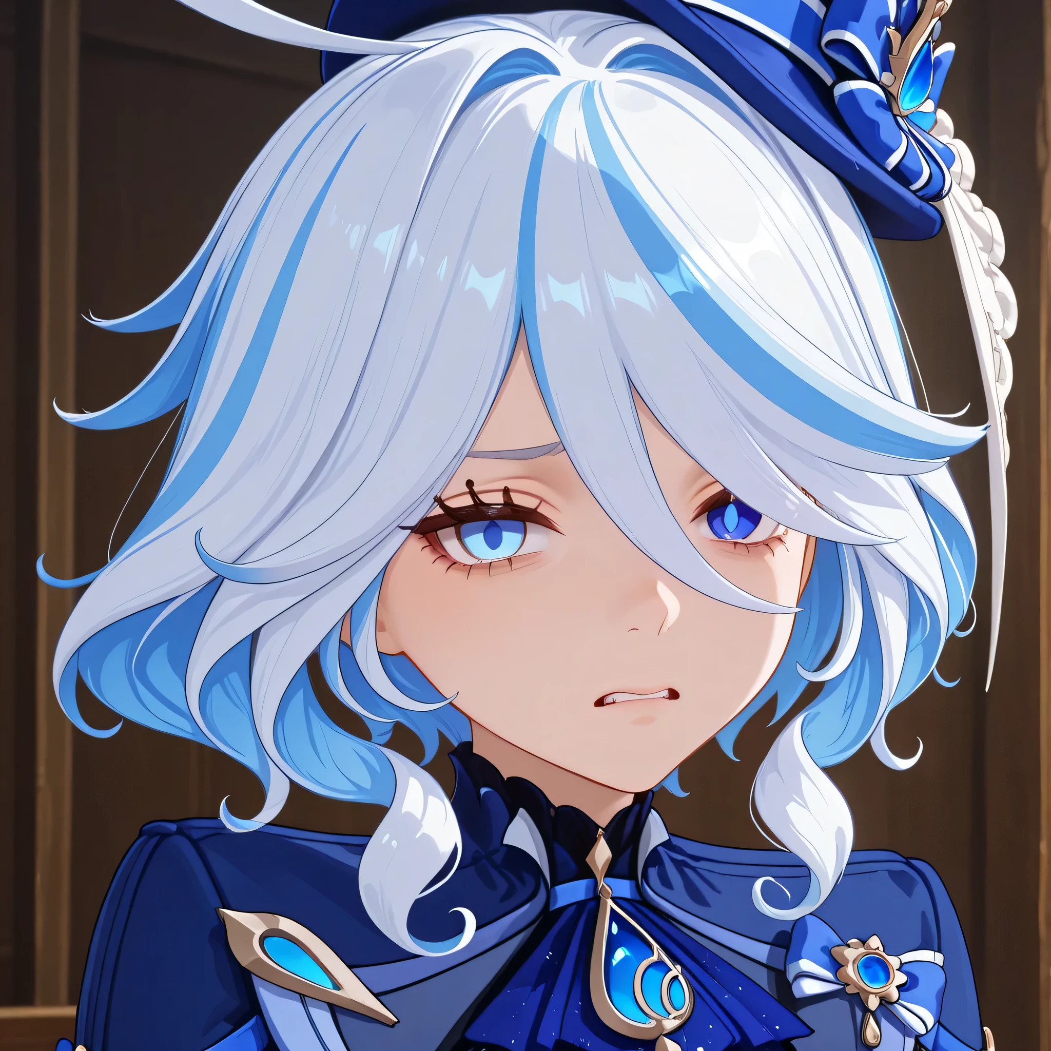 furina genshin impact, Close-up shot of a face conveying intense skepticism, disgust, and judgment
