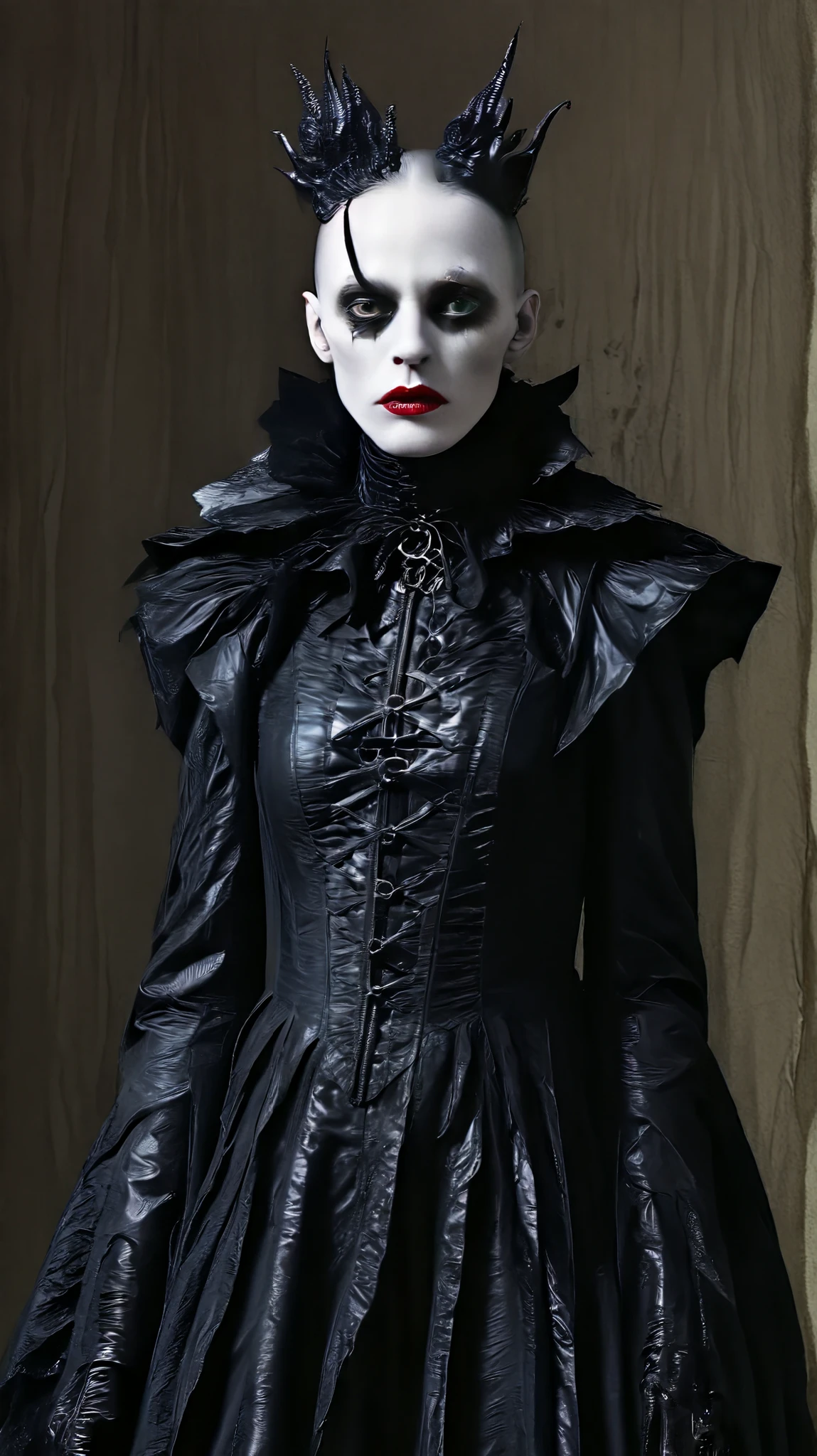 Tim Walker inspired, photography, trendy close up, leather fetish extreme sinister, whimsical settings, surreal elements, creative storytelling, vibrant colors, (detailed face:1.05), hyperrealistic, Photorealistic. Gothic