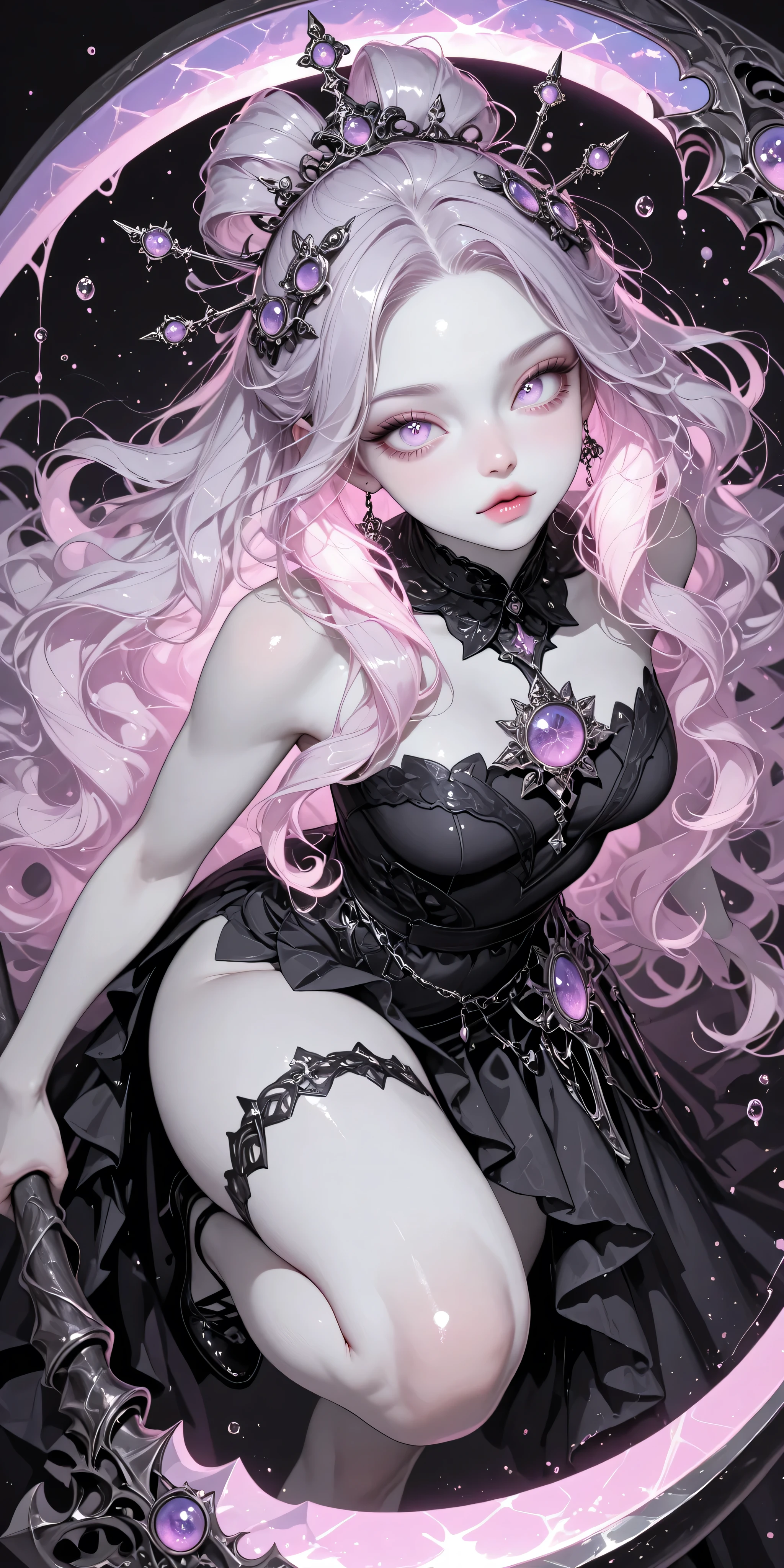 Girl, extra long hair, ornate hair ornaments, amethyst color hair, wavy hair, tied hair, upper knee dress, gloss, dynamic pose, whimsical, more details, more texture, glowing hair, dynamic angle, grayscale, vibrant color, dynamic eye color, shimmering eyes, extra close up,  asymmetrical skirts,  holding detailed glowing scythe with dew drop,  vibrant nude pink lips