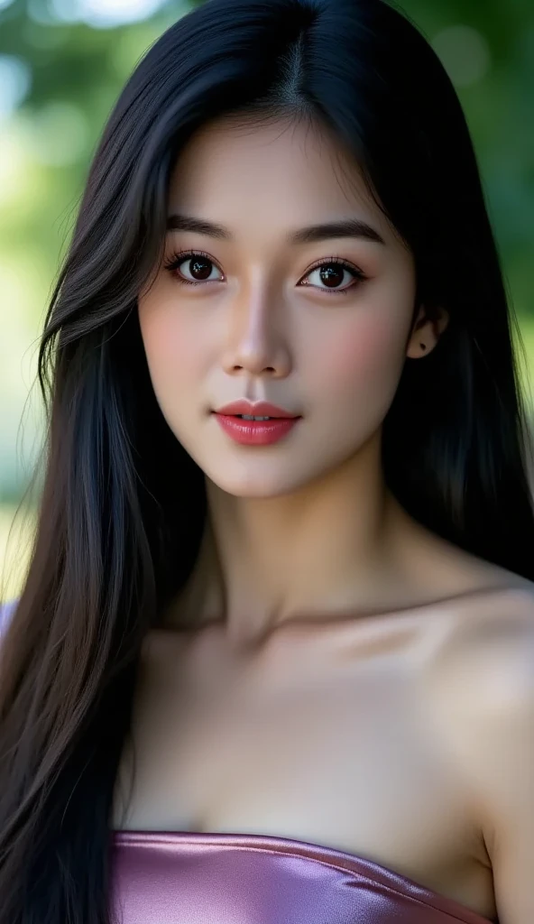 realistic, masterpiece, portrait best quality, Asian girl 25 years, happy face, smile, long black hair,  wise, Topless, Breast, ((kimono around shoulders,)) Sunlight, Outside, moody lighting, glow, resplendent, mysterious, sun light, outside, mystical, magical, edge lighting,Realism