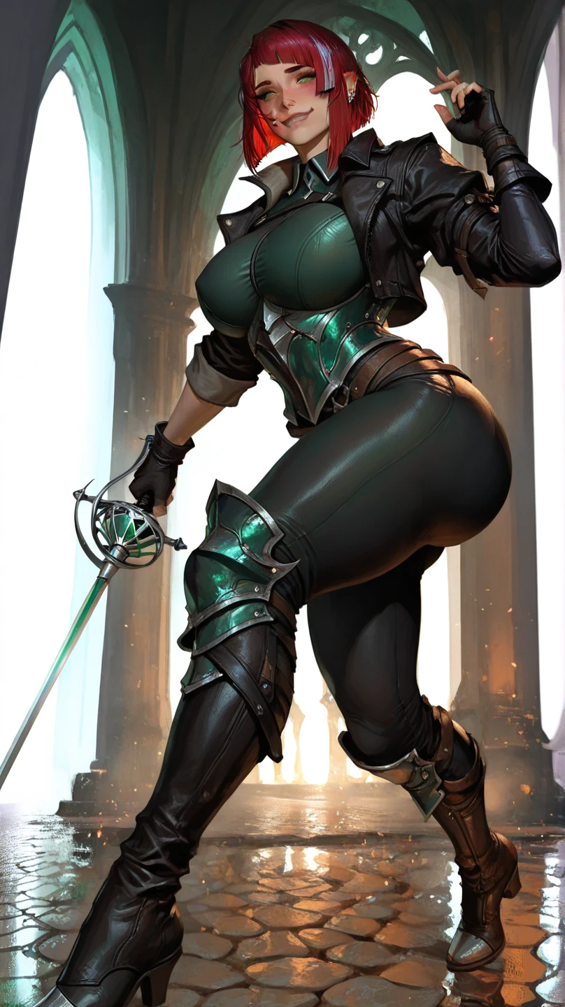 full body photo, 8k, Unreal Engine 5, masterpiece, extremely detailed, maximum quality. Mortal Kombat+Princess Zelda, blue eyes, green hair, size XL bust, wearing a ninja outfit with mask and hood, green with black accents,holding an ice katana, wielding it towards the viewer.Looking at viewer with malevolent smile. Cemetery with rain and fog.