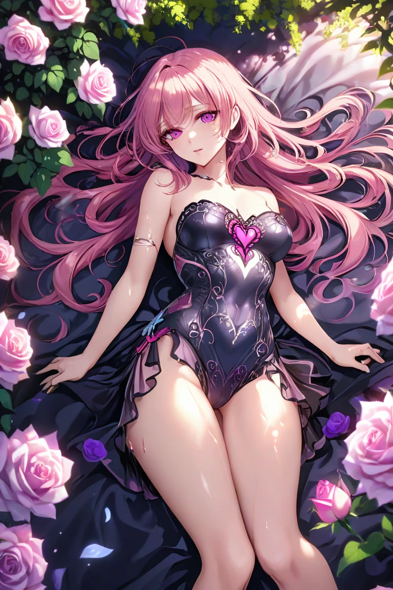 ( absurd , high quality , Extremely detailed, careful hand )Constellation - Cancer Goddess , Similar to Latin goodness , clever, cunning, reasonable, strong-willed face , Mature , tenacious, Moody, Irritability, Sexual style ,  Ocean blue eyes(Eye details), Long hair , Dark pink hair , Transparent dress , Lace underwear, In a sea of blooming flowers  , whole body , Innocent Makeup ,