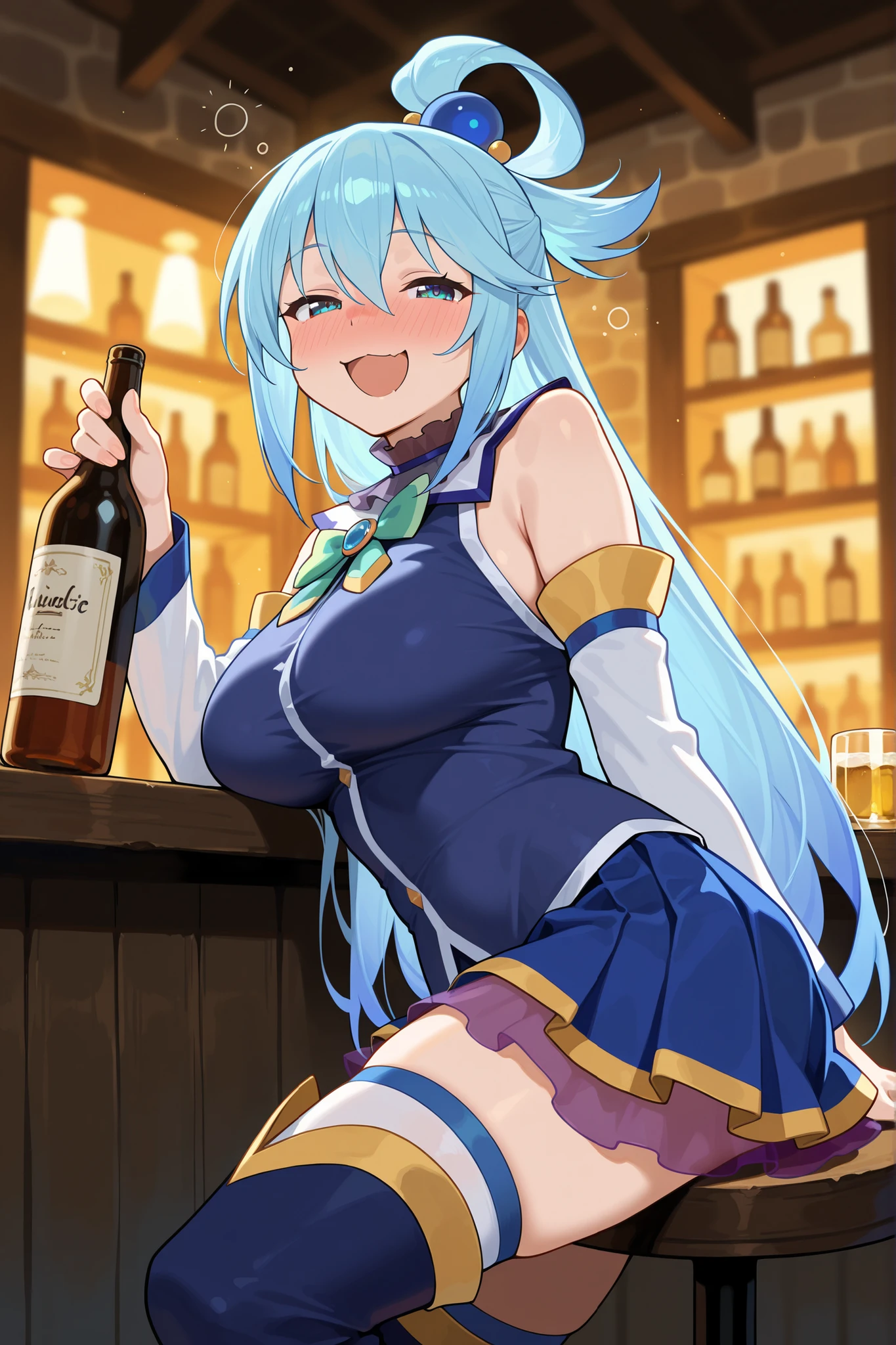 beer, beer mug, mug, aqua \(konosuba\), alcohol, cup, holding cup, foam, 1girl, blue hair, breasts, drunk, holding, drink, open mouth, long hair, blue eyes, drinking glass, hair ornament, solo, glass, detached sleeves, disposable cup, large breasts, smile, bare shoulders, looking at viewer, bow, sitting, hair rings, skirt, drinking straw