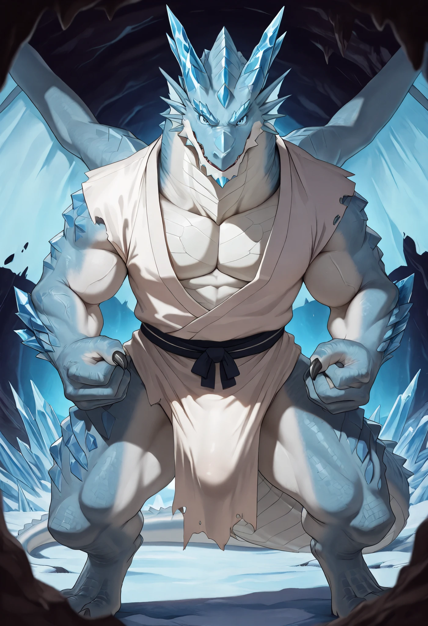 Best quality, masterpiece,ultra high res,detailed background,realistic, real shadow and light,depth of field, looking at the viewer, strong arm and veins, commission for high res, anthropomorphi there's a Ice dragon furry, huge body, aggressive face, torn cloth, erection under cloth, huge bulge, in the deep ice cave, fluffy, furry, blue aura, blue crystals, view from the side, view from under his legs, (view from beside), huge crotch, white fur, blue eyes, ice dragon, (looking from beside), wearing yukata, Japanese style, samurai outfit, sexy body, handsome dragon.
