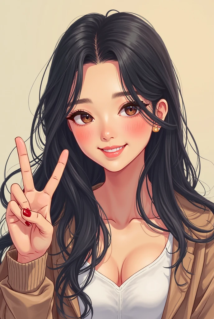 score_9, score_8_up, score_7_up, score_6_up, score_5_up, score_4_up, nari, black eyes, brown hair, slightly disheveled long hair, masterpiece, best quality, ultra-detailed, higres, (POV from side), close shot, 1girl, solo, mature female, beautiful and perfect face, detailed eyes, detailed eyelashes, pretty face, mature adult woman, mature milf face, laugh, blush, looking at viewer, double V gesture, gray long maxi dress, long sleeve, large breasts, wide hips, curvy, sitting on bed, bedroom view