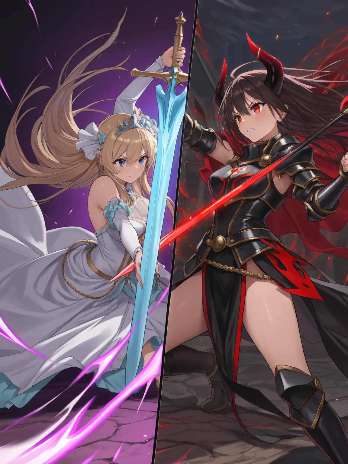 Full body shot from head to feet, two adult female character from Valkyrie Drive Bhikkhuni. A scene depicting a deadly duel between Ranka versus Rinka, both expert swordswomen, with the fight reaching a climactic moment of truth. Rinka takes a lethal blow and succumbs to her injuries, leaving Ranka as the sole victor in this high-stakes battle. Ranka and Rinka have different long loose hairstyle. Ranka wear battle dress armor, black long gloves, medium skirt, and black thigh highs. Rinka wear battle dress armor, black long gloves, medium skirt, and black thigh highs. Background set on lush forest, with no effect.