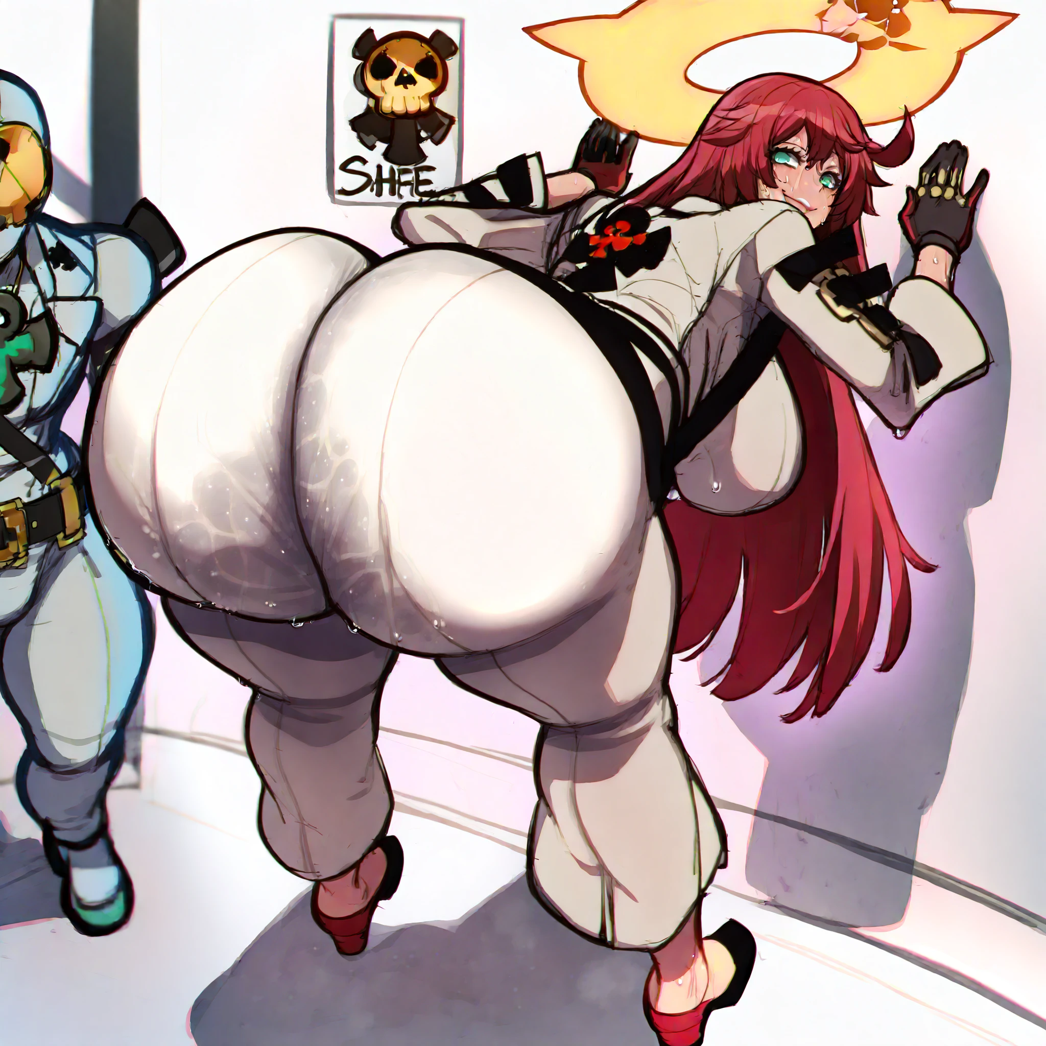 Jack-O' Valentine (Guilty Gear Strive), She is a slender, fair-skinned young woman. Her hair color is predominantly red with white highlights at the bottom, her eyes are green, and her halo has cracked. Jack-O's main outfit consists of a skin-tight white piece that loosens and has slits on the forearms and calves. She wears an ankh pendant, a black belt with a golden skull buckle at her waist, and her arms are decorated with similar belts. She also wears black and red gloves and matching heels. Slender hips, Thick thighs revealed, Huge butt bigger than her body and spherical, Tight clothing, Stand on the wall, Lean forward, sweaty, with a happy face, A view from behind her massive butt, high quality Slender hips, Thick thighs revealed, larger Breast, Huge butt bigger than her body and spherical, Tight clothing, Stand on the wall, Lean forward, sweaty, with a happy face, A view from behind her massive butt, Top quality, high quality, Anatomically perfect,