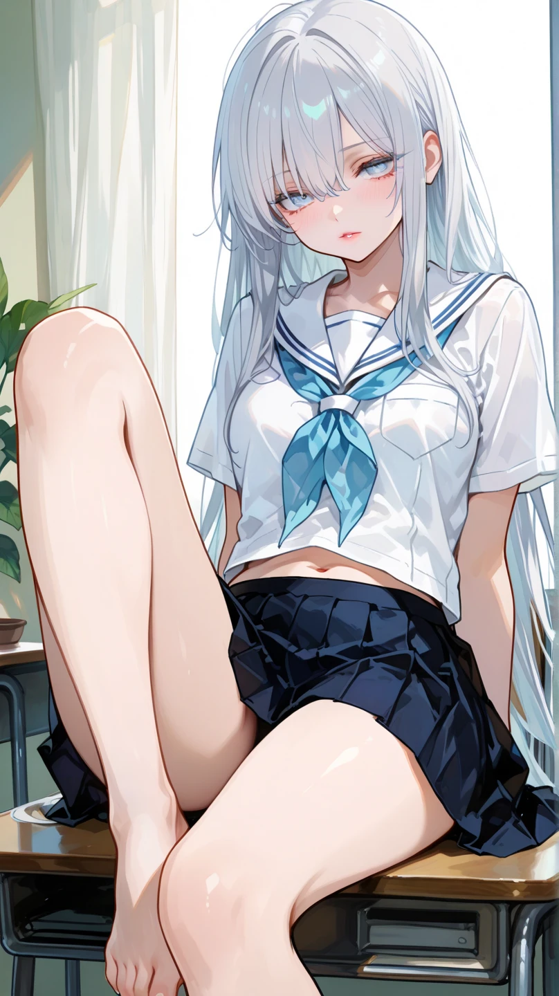 kinky girl with long white hair sitting on a exercise machine in a sports bra and panties, 1girl, underwear, panties, school uniform, spread legs, white panties, serafuku, long hair, solo, skirt, sitting, navel, breasts
