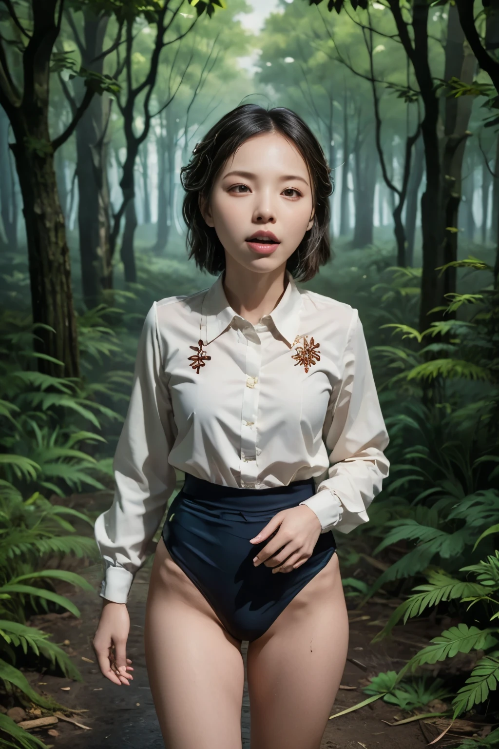 (masterpiece, highest quality), 1 girl, beautiful face, beautiful body, wearing a Black gymnastics bloomers, High leg、white blouse, cowboy shot、Are standing、full body portrait、alone, complex details, enlarged textures, complex details, finely detailed eyes and detailed face, intricate details, (closed mouth), perfect eyes, equal eyes, perfect body, extremely detailed, (), extremely realistic 3d,In a dark forest、