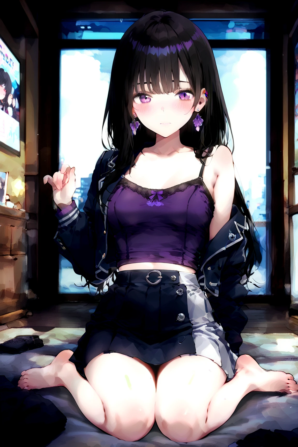 Anime girl with long dark brown hair and straight bangs, black eyes, black painted lips, batwing crop top, sitting tutu skirt
