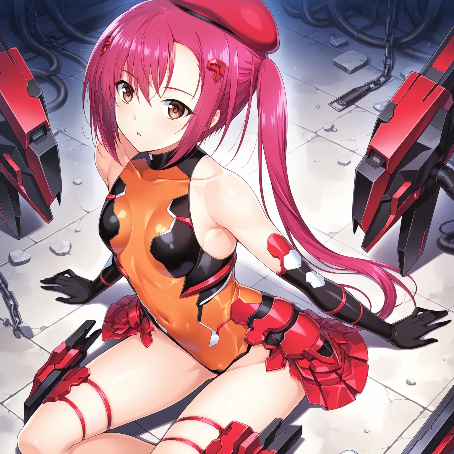 1girl, solo, tailred, very long hair, red hair, gradient hair, twintails, perfect face, purple eyes, looking at viewer, cute, shy, smile, closed mouth, flat chest, (shiny clothes:1.7) (mecha suit:1.4), black elbow gloves, masterpiece, high resolution, best quality, 