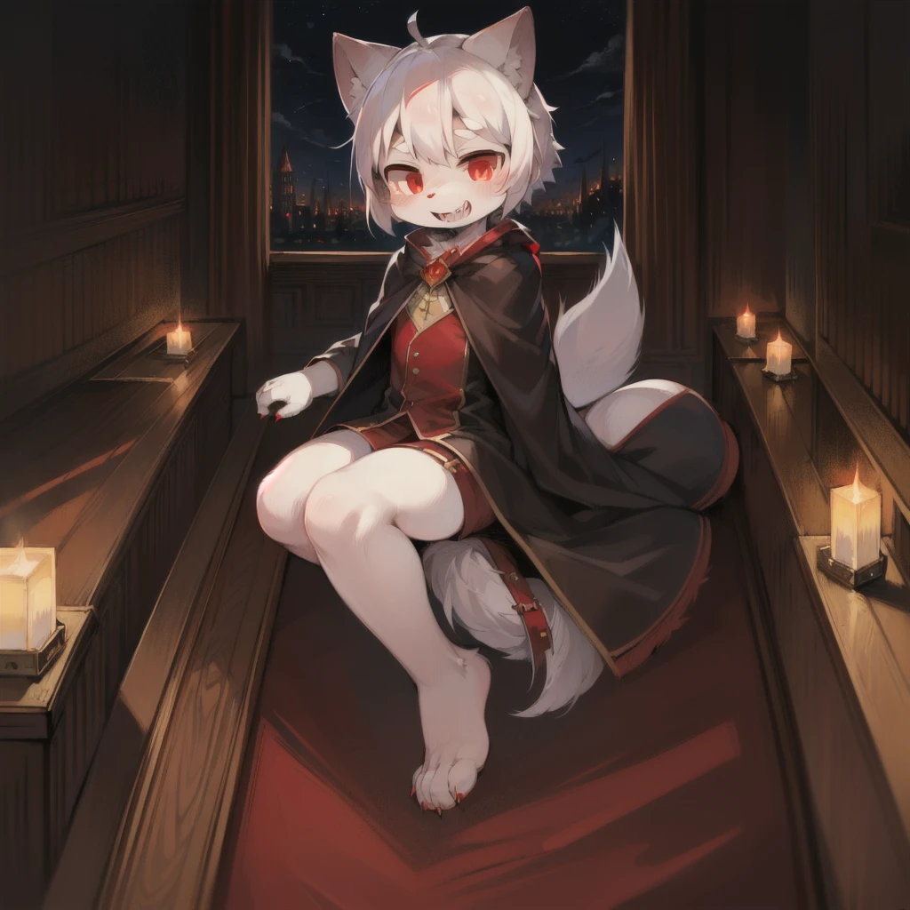Cat Girl，was hairy，shaggy，Skin fur，White fur，Forelimb hands，hair splayed out，White ears，White face fur，White hair, hair splayed out, Shiny hair，Long hair，Hairline, lowtwintails，Blue eyes，Super cute face，Empty eyes，Crazy smile， Fangs，bat hair ornament，White dress，Ambient light，Ultra-fine fur，volumettic light，dashed eyes, bangs, light and darkcontrast, ultra high def, 巨作, Super detail，Castle background，bats，Night，starry light，blood, blood_On_clothes, blood_stain，High quality, ultra high def, high resolucion, Anatomically correct