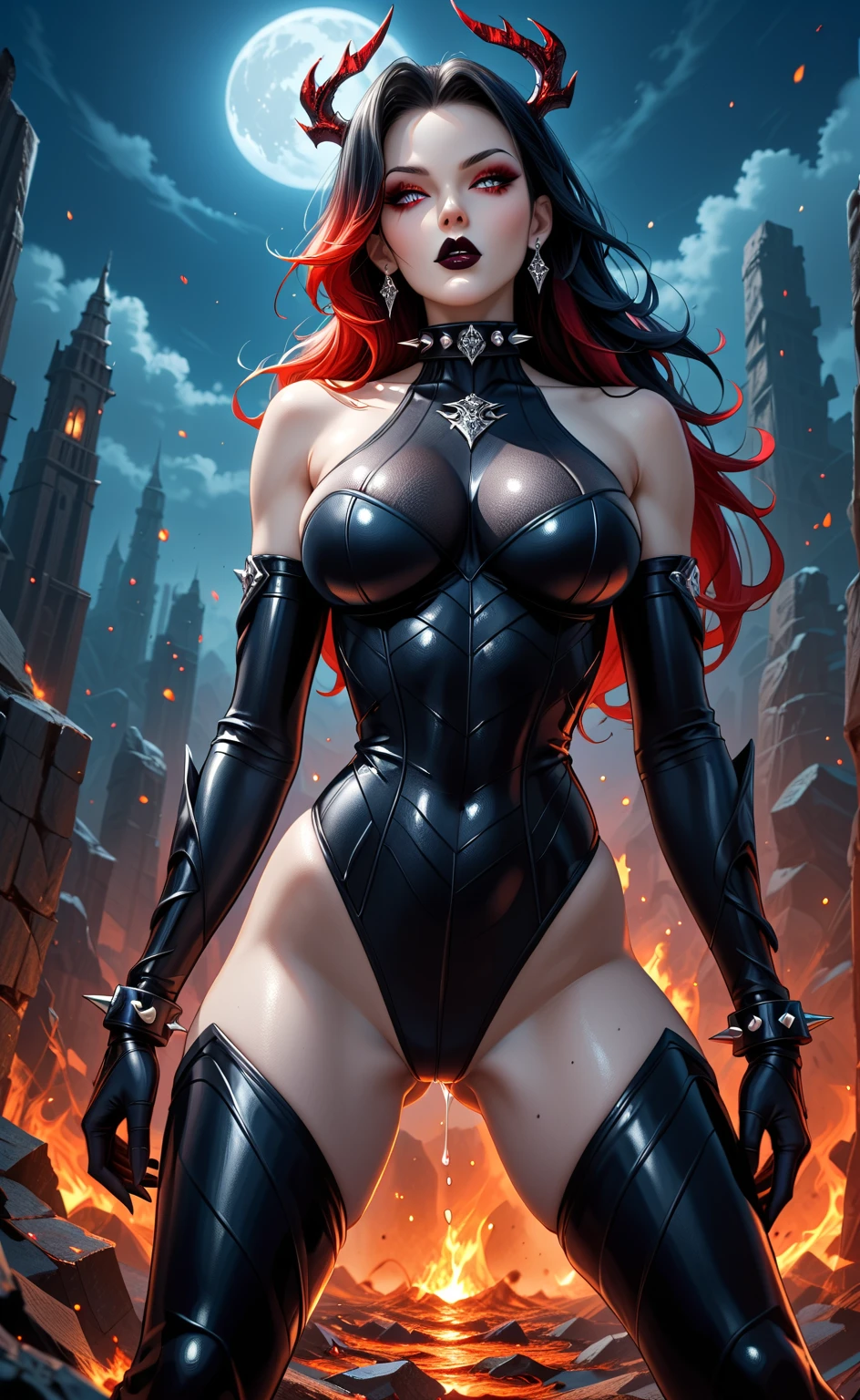 a dark elf warrior, tight body armor, large breasts, wide hips, discreet smile, wavy red hair, collar around neck, photorealistic, masterpiece, extremely detailed, 8k, highly detailed face, dynamic pose, intricate armor details, glowing runes, dramatic lighting, cinematic composition