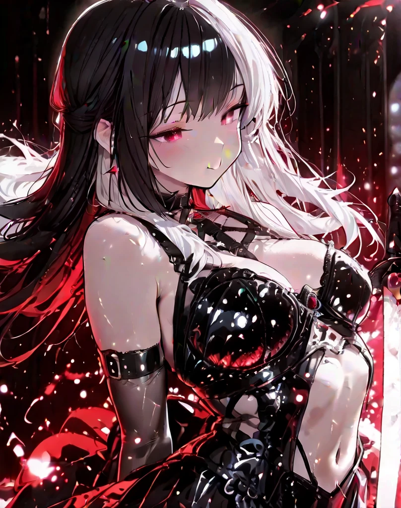 An adult woman, half fox and wolf, white hair, red eyes, large breasts, very angry, in a black dress, holding a one sword