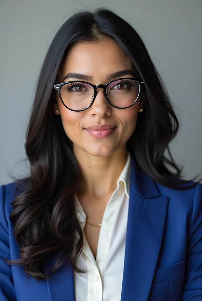 A 2 indian single woman with side parted dark mid length hair, white skin, oval face and no smile, she is wearing a fully buttoned white shirt blouse and black small rectangular glasses facing the front and posing for linkedin profile