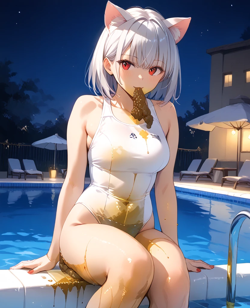 One girl,Fox Girl,Slit eyes,Silver Hair,Red eyes,Trimmed long hair,high school girl,Slingshot Swimsuit,Laugh suspiciously,Full Art,Sit by the pool,Possessing a water gun