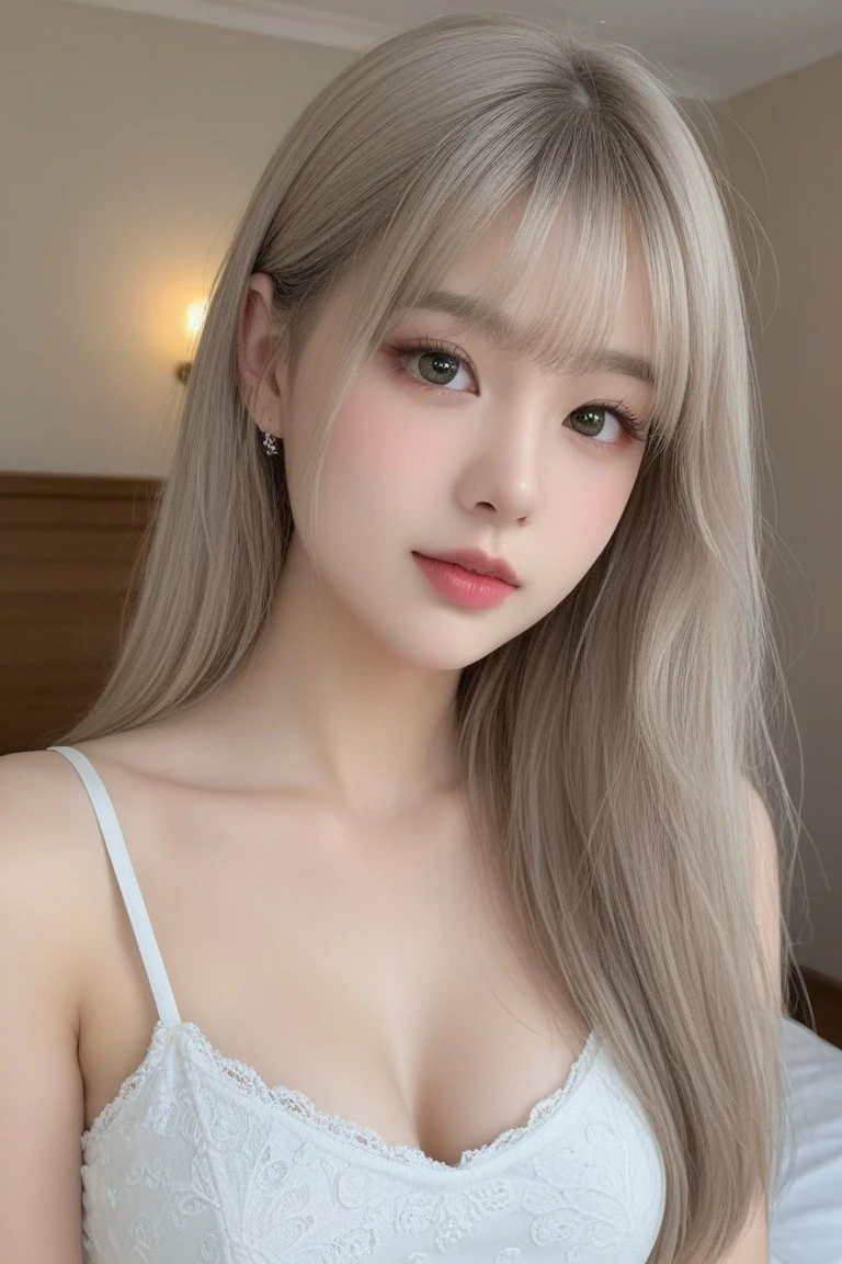 Be a girl with a pink complexion, beautiful eyes (Red Eyes) Deep as the night sky, Half of a sad face lying on the table, white hair, Watching you, There is anime/Semi-realistic art style  