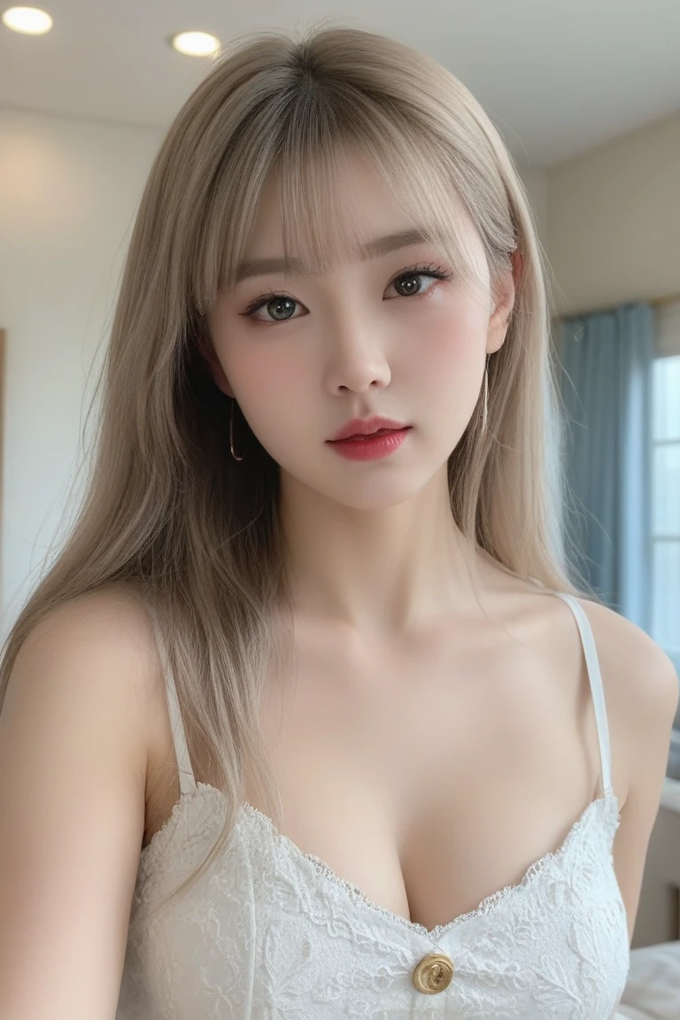 Eunha rubia, piel muy blanca y ojos azules, white lace lingerie, recostada en una cama, pechos grandes, paredes blancas