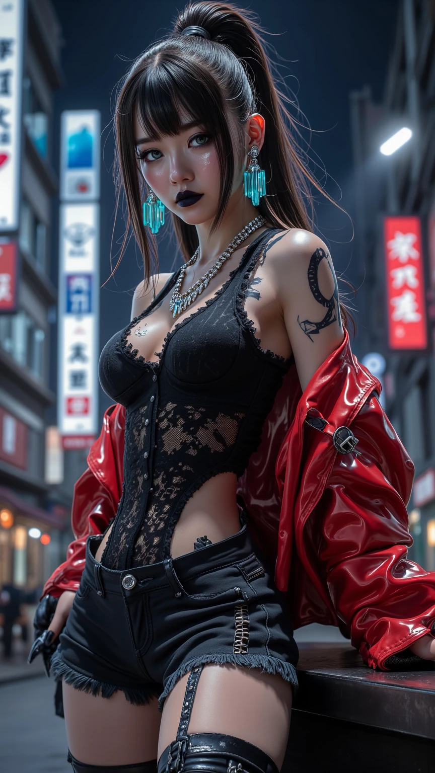 8k wallpapece Focus:1.2,Upper body photo:1.8,Angle:1.2))、((Looking at the camera)),mid night、Cyberpunk neon city、(A hyper-realistic)、(illustratio)、(hight resolution)、Real Photographic:1.4,(ighly detailed)、(Best Illustration)、(beautifully detailed eyes)、(top-quality)、(ultra-detailliert)、(masterpiece)、(A detailed face)、(独奏)、1 girl in、18year old、Looking at Viewer、Perfect Anatomy、brue eyes、eyeshadows、((Cyberpunk necklace)),A detailed eye、Detailed lashes、Red Lip、Futuristic accessories,((lots of tattoos:1.4)),fine detailed、(extreme light and shadows)、lowkey、pureerosfaceace_v1、A smile:1.1、break ,((Dark pink and red mesh ponytail)、(bangss:1.4)、Colossal tits:1.2,cleavage of the breast:1.2,((fully dressed, Embroidered black leather jacket)),((Black skin high-leg skirt))、((Embroidered red and black bra))、Red Theme