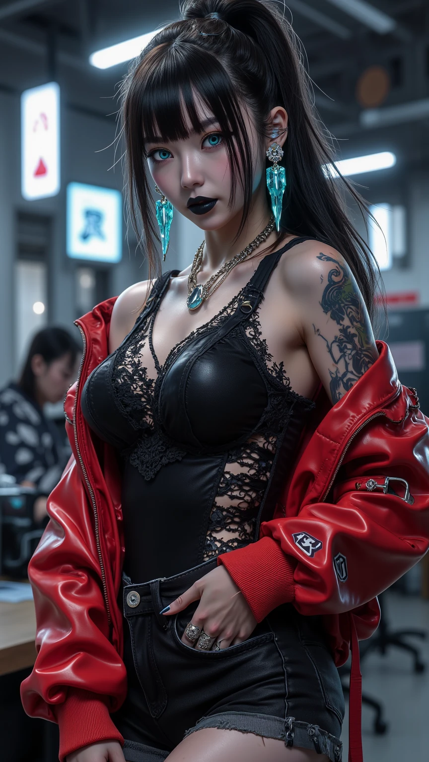Colossal dictator, big dragon tattoo, tattoo all over body, American football headgear, gas mask, pin heels, lace robe, rooftop, huge background is a neon sign