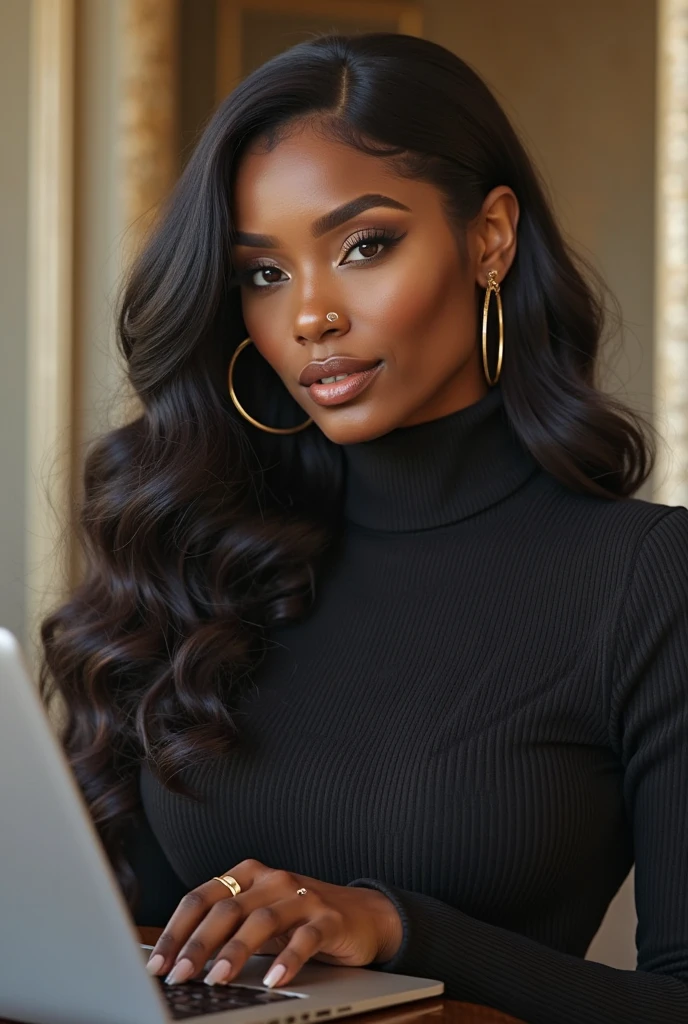 masterpiece, best quality, beautiful African and Asian mixed 19 year old, ebony skin female, long, frizzy, curly dark hair, perfect face, half body, long hair, melanin