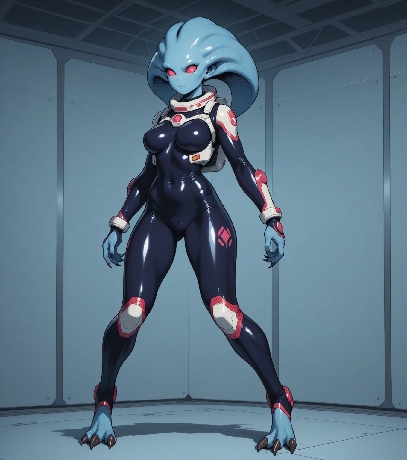Tall Blue Skin Twi'lek with (gigantic breasts) wearing a grey tank top, black compression shorts, gloves, tattoos, huge breasts, cleavage, tall, graceful, (tall, long legs), athletic, slim hips, small waist, full-body shot