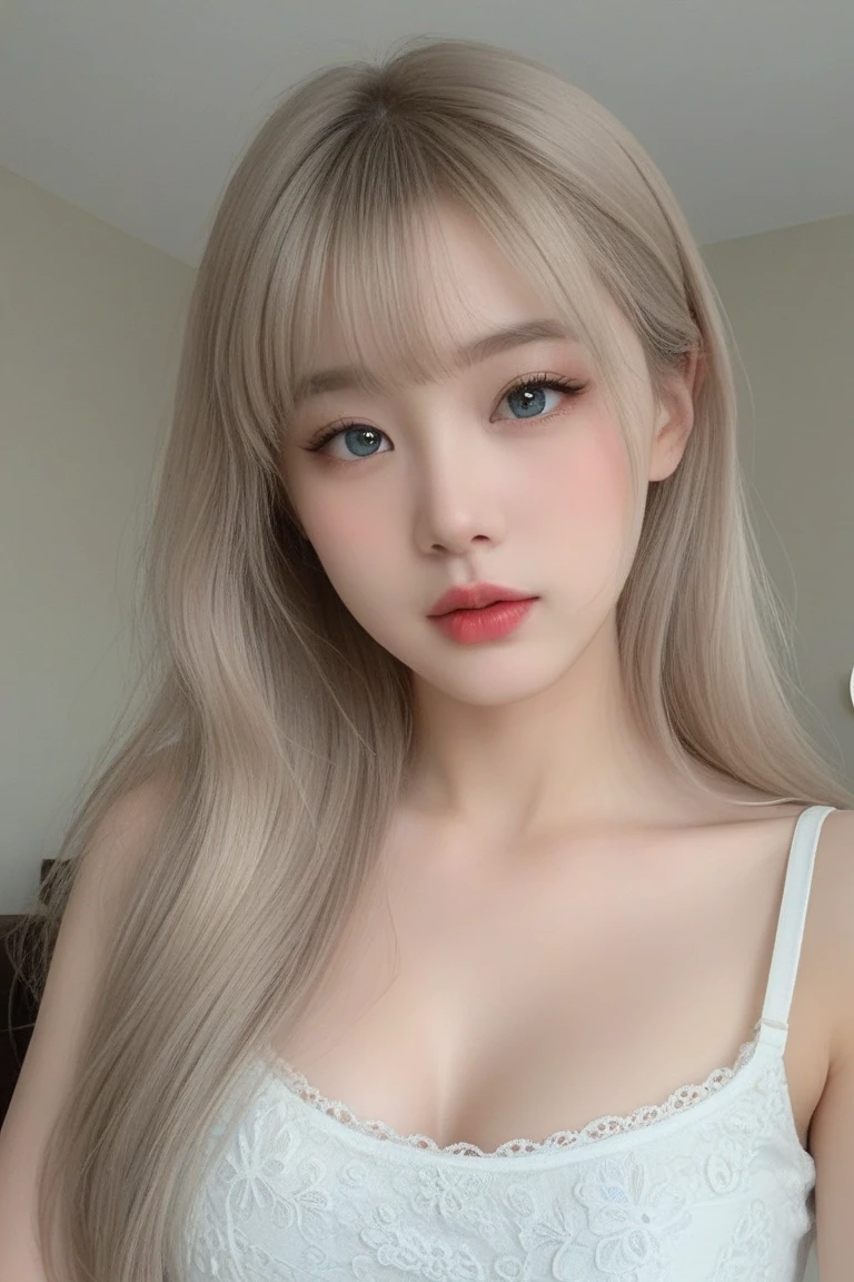 (realistic、masterpiece、Best Quality、8K、highres、white background, high resolution:1.3)、1 chubby girl:1.3)、looking at viewers, black lace bikini、pale white skin、very blond hair ,very pale skin, extremely pale blonde hair, ivory pale skin, very white skin, pale skin, very pale white skin, very pale white skin,white skin and pale porcelain, white and pale skin, fair and pale skin!!, long blonde hair, looking at viewers、super fine face and eyes、long blonde hair、 ((full breasts:1.3)), indoor、 upper body、
