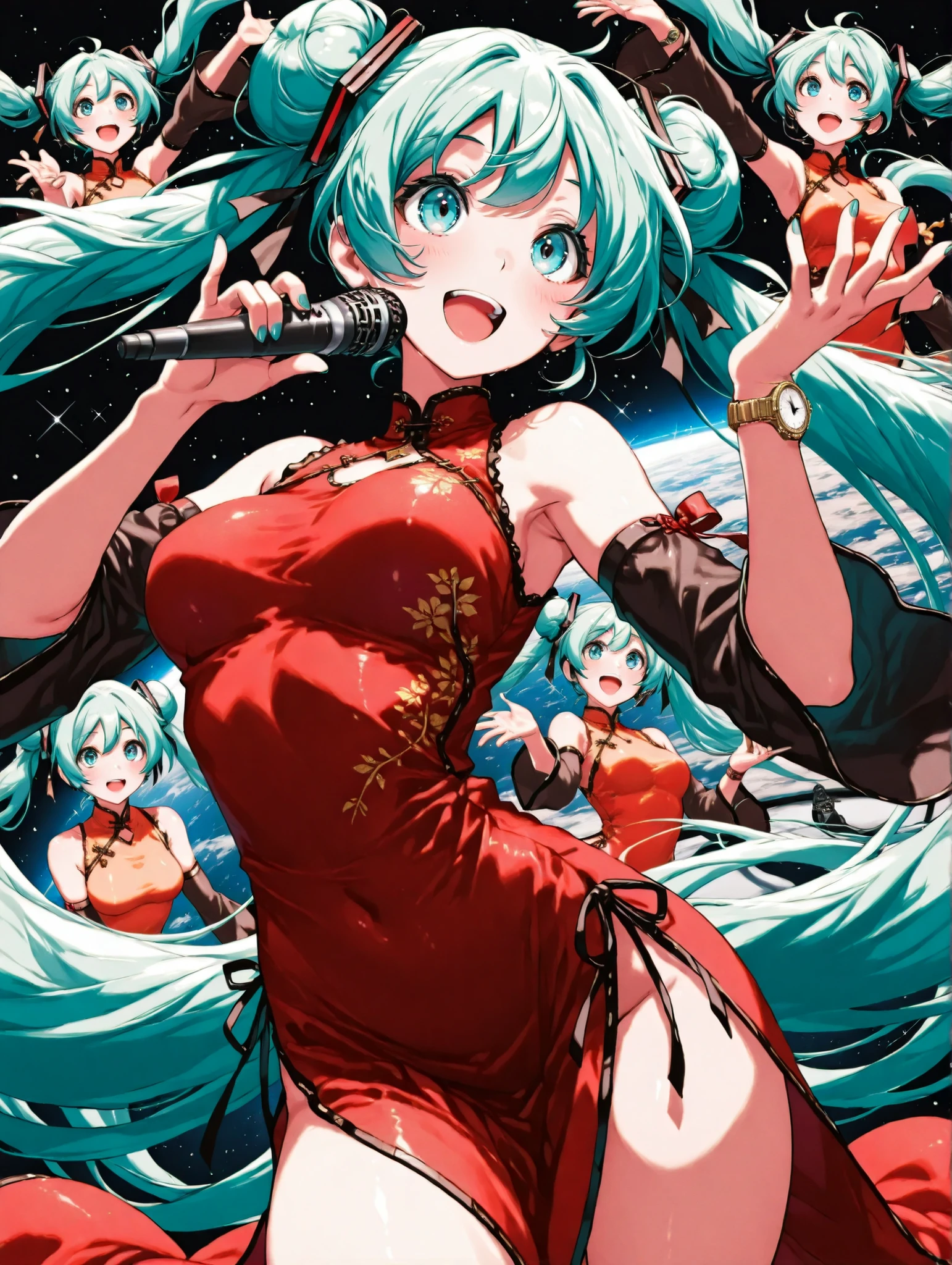 (masterpiece、Highest Quality、Highest Quality、Official Art、beautiful and beautiful:1.2)、Hatsune Miku、beautiful breasts、Light green bun hair、beautiful breasts, watch viewers, smile,red china dress、open your mouth, blue eyes, , microphone, music, space, ホルディング microphone, Singing ,
