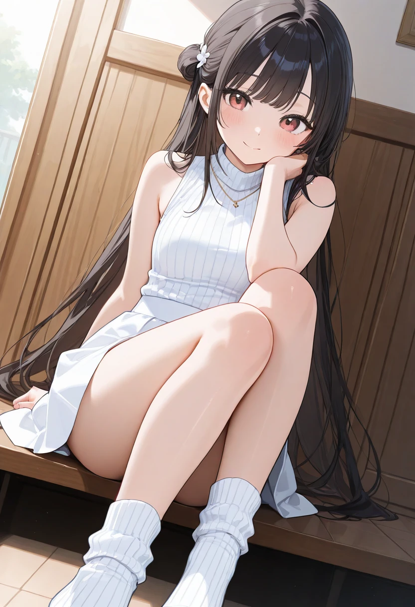 、、young、long hair、black hair、small、Big eyes、lying down、barefoot、short sleeve、black eye、cute、legs open
