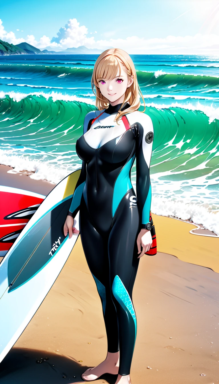 masterpiece, high resolution, anime style, beautiful adult woman at beach, surfer girl, wetsuit. blonde, long hair, ponytail, short sleeves, on sand, tanned, toned body, cleavage, smiling, excited