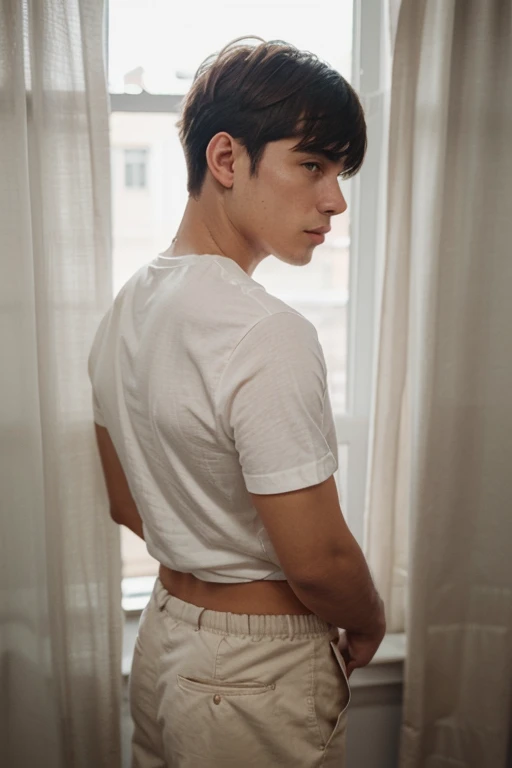 masterpiece, a high resolution, (Male focus), (1 boy, slim, 20 years, Spanish, , short hair, Brown hair, bedroom),  mini shorts exposed ass, looking back, Curious, Close-up, 8K, HDR