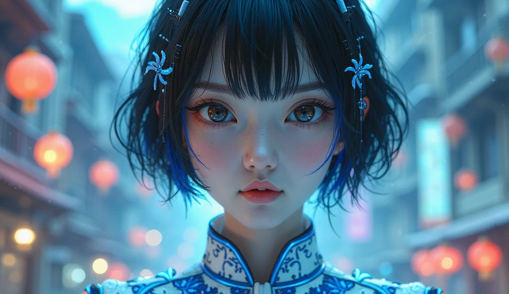 A little girl in Hanfu in the future，Cool lighting atmosphere