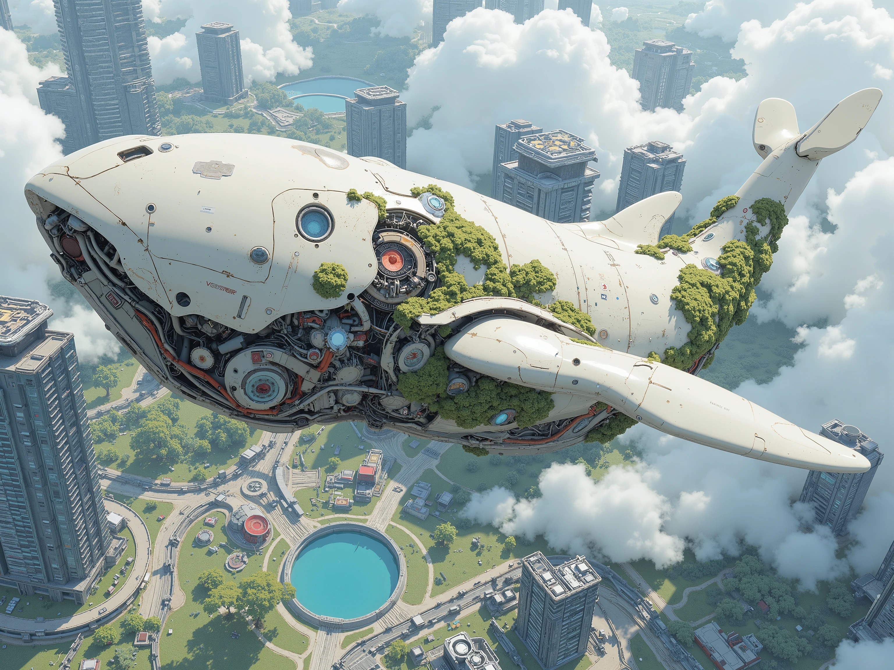(masterpiece:1.3, top quality:1.3, detailed description:1.3, high quality:1.3),(1huge Robot whale\pearl white Metal body with large fins,highly detailed mechanic gears , Beautiful luster, beautiful metal details, precision machinery, moss growing, There are buildings and houses and parks and rivers and mountains, A cyber city, The city is depicted in crisp detail, (bird eye's side View:1.5), (A mechanical whale gracefully swims in sea of sky high, The cyber city depicted with extremely clear details, featuring skyscrapers and roads, whale swims in the sea of clouds)