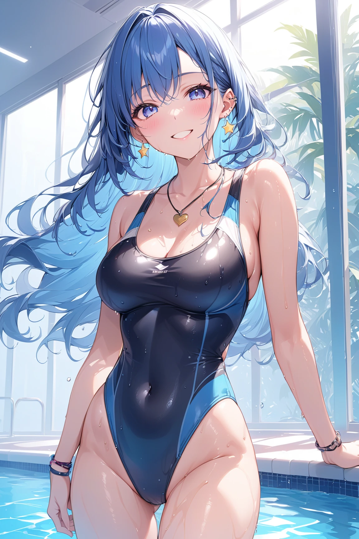 1girl, solo, mature female, milf, motherly, older female, dark skin, wavy hair, short hair, blue hair, blue eyes, swept bangs, large breasts, blue dress, strapless dress, tube dress, blue high heels, smile, standing, hands on hips, looking at viewer, outdoors