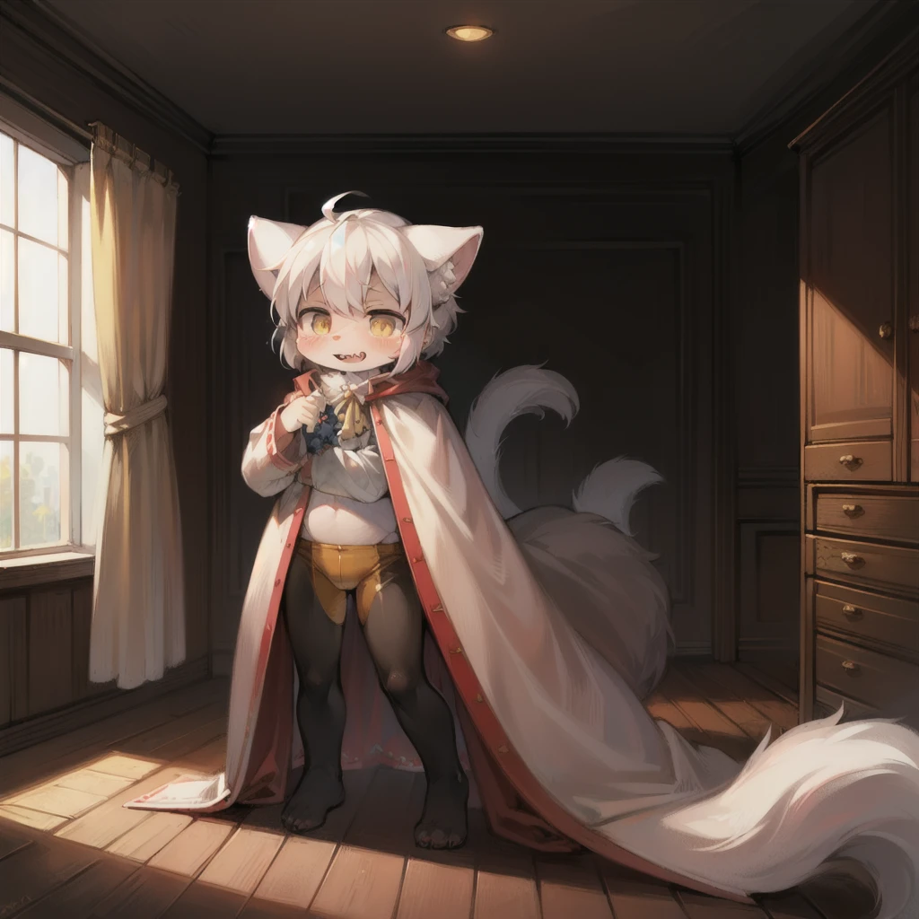 Masterpiece, high quality, absurd resolution, digital painting \ (artwork\), by dagasi, yupa, kiyosan, (furry, furry male, male focus, anthr, (full body fur, fluffy tail, white fur, dark green eyes, white hair: 1.2), (long canine, wind element, white cape, sabre, fan: 1.2), (interior, bridgeside, rainy days: 1, 2