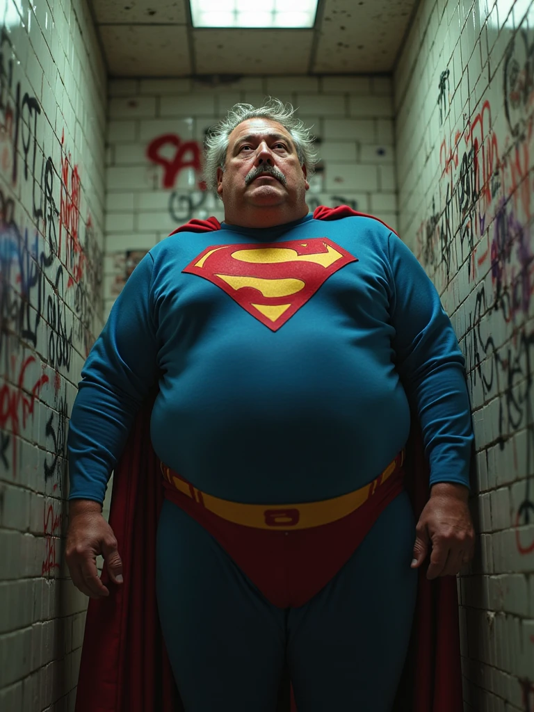 Chubby Grandpa in Superman costume clutching his crotch and pees his pants.