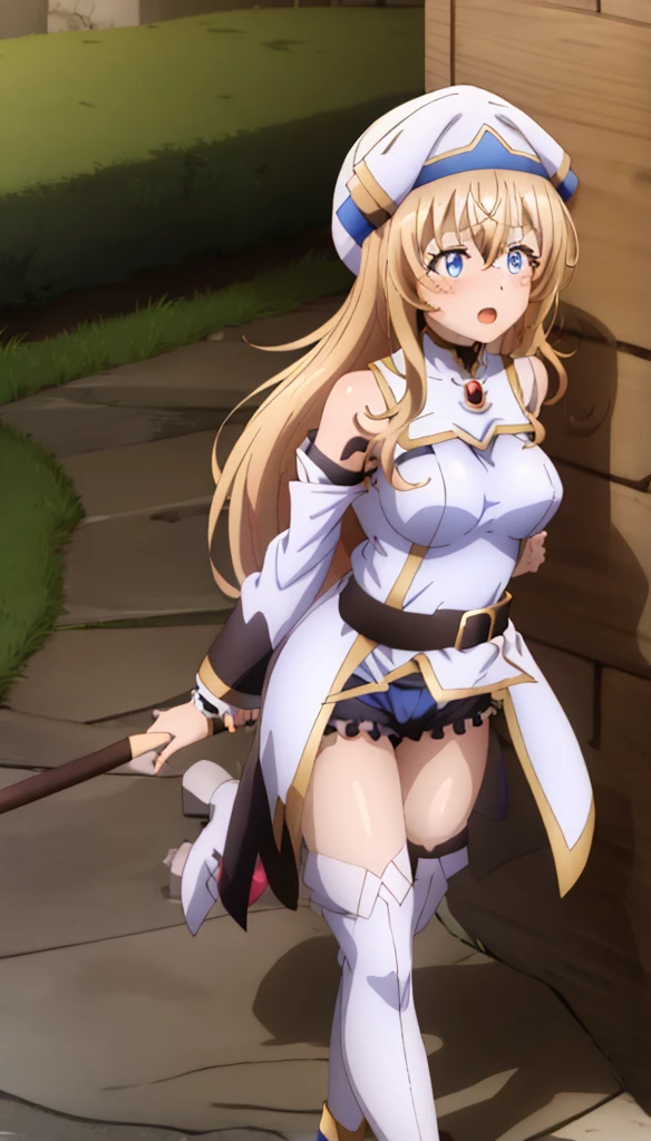 One, 1 girl, I look at the viewer, 2d, anime, anime coloring, whole body, (simple background, Solid white background:1.3), Lefia Virdis, bait, tape, butt skirt, smile, no panties, white stockings